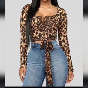 Leopard Print Crop Top Wrap Shirt